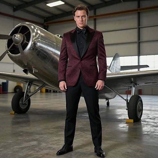 Man in Burgundy Blazer and Bow Tie Standing By Vintage Aircraft in Hangar