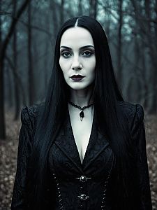 Woman in Morticia Addams Costume Detailed Cinematic Portrait