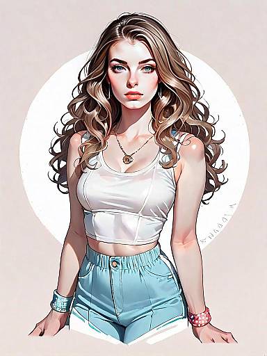 Realistic Comic Style Illustration of Woman in Sportswear with Wavy Hair