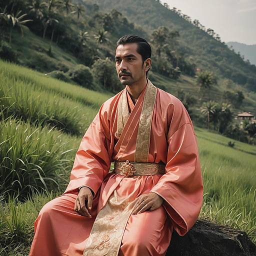 Man in Traditional Pink Robe in Mountainous Green Terraced Landscape