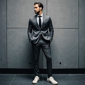 Confident Man in Gray Suit and Sneakers