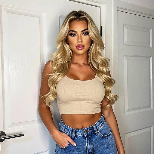 Blonde Woman Wearing Beige Crop Top and Blue Jeans Casual Style