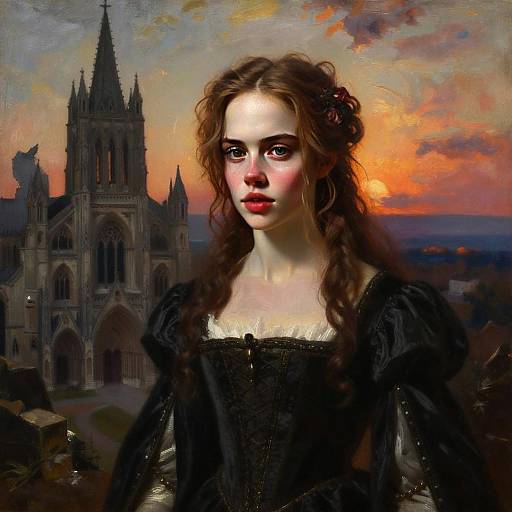 Young Woman in Renaissance Gown with Gothic Cathedral at Sunset