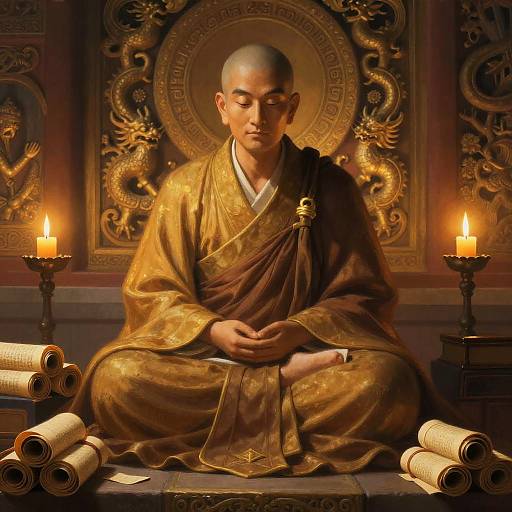 Meditating Monk in Golden Robes with Scrolls and Ancient Asian Decor