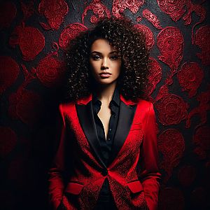 Confident Woman in Red Blazer Against Dark Paisley Background