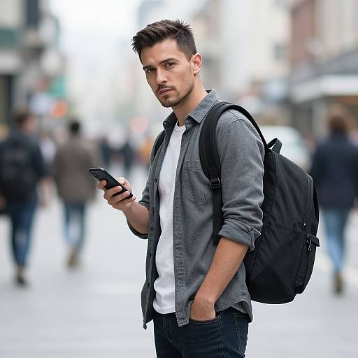 Young Man Using Smartphone on Busy City Street with Backpack