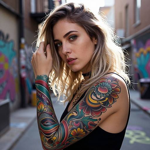 Young Woman with Colorful Floral Sleeve Tattoos in Urban Alley