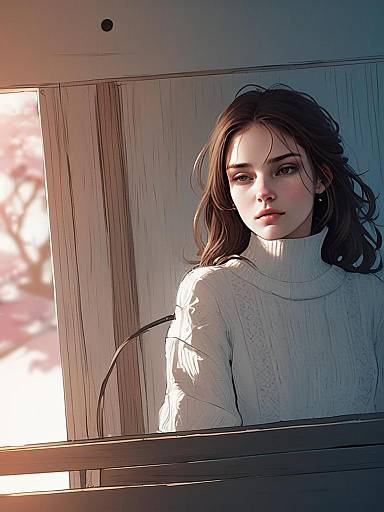 Portrait of a Woman in White Sweater Near Window - Digital Artwork