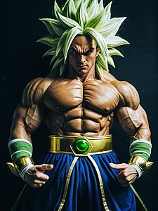 Realistic Broly Trilogy Man Cosplay with Muscular Build and Green Hair