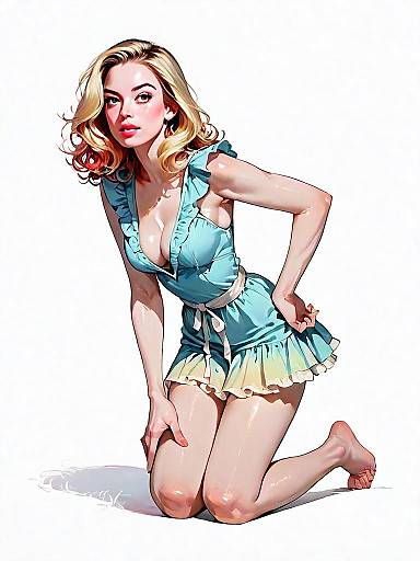 Realistic Comic Style Full Body Illustration of Woman in Summer Dress Kneeling
