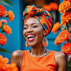 Joyful Woman in Orange Dress with Flowers