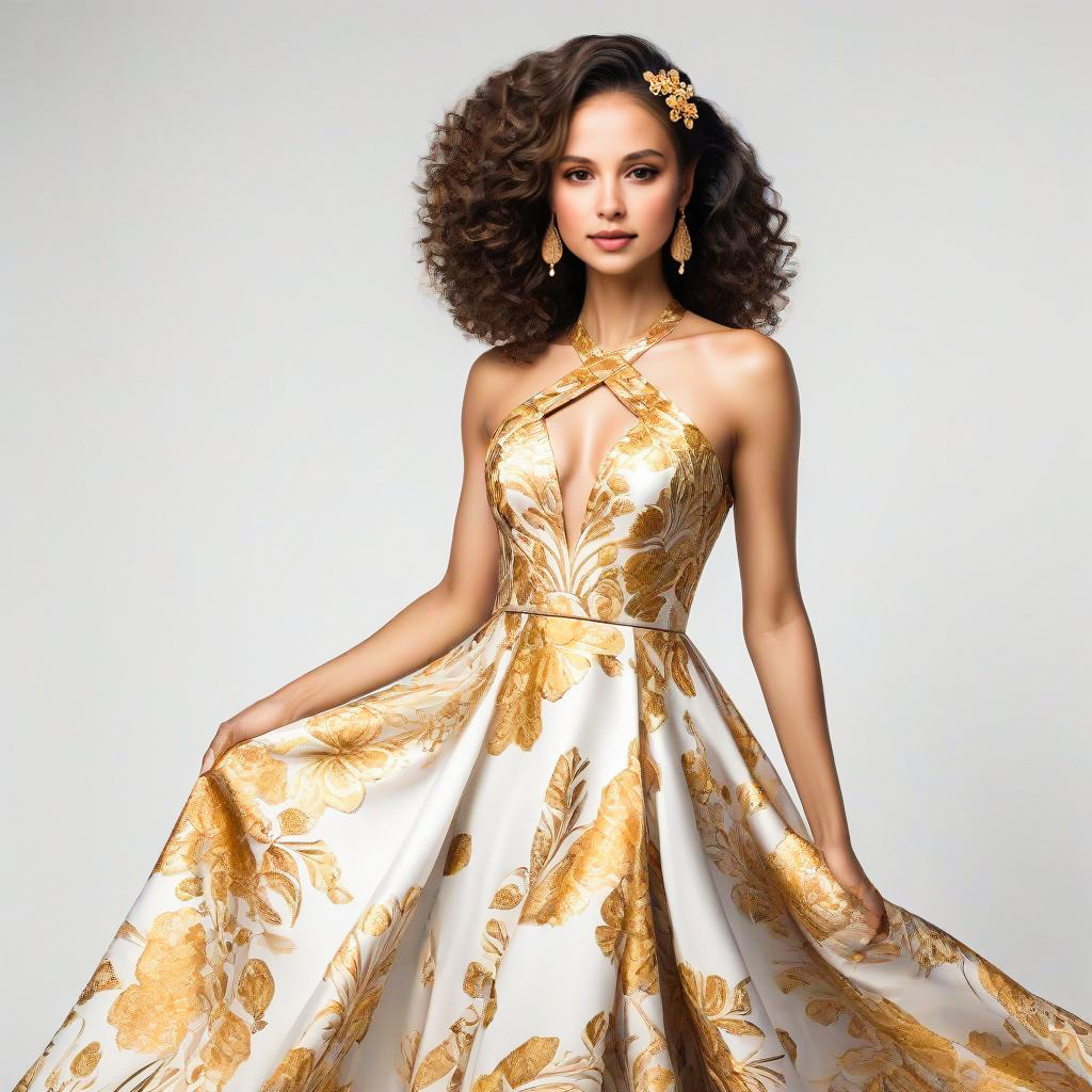 Elegant Woman in White Gown with Gold Floral Patterns