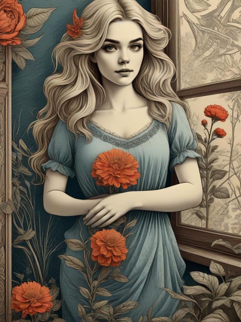 Woman with Blonde Hair Among Orange Flowers