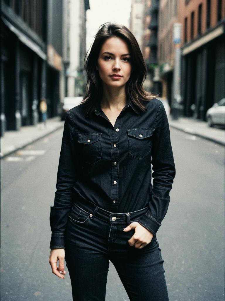 Woman in Black Jeans with Shirt Outfit Cinematic Realism Urban Street