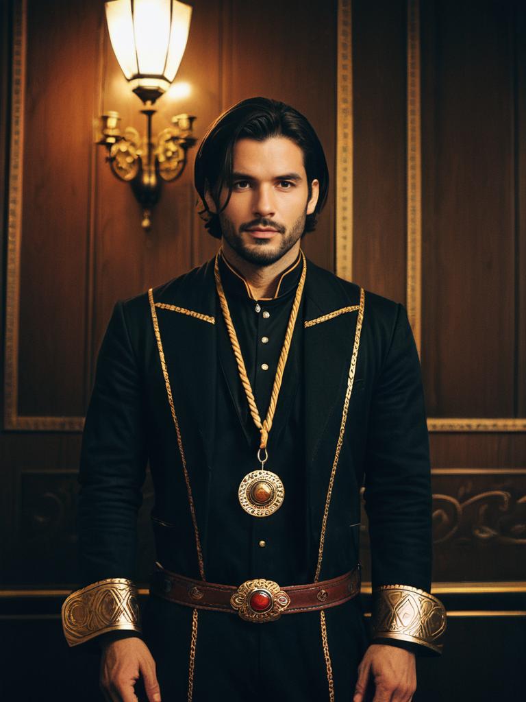 Man in Realistic Bolo Costume Cosplay with Gold Accents