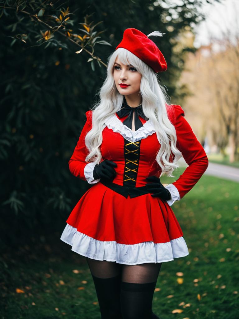 Woman in Red Vintage-Inspired Corset Dress with Beret