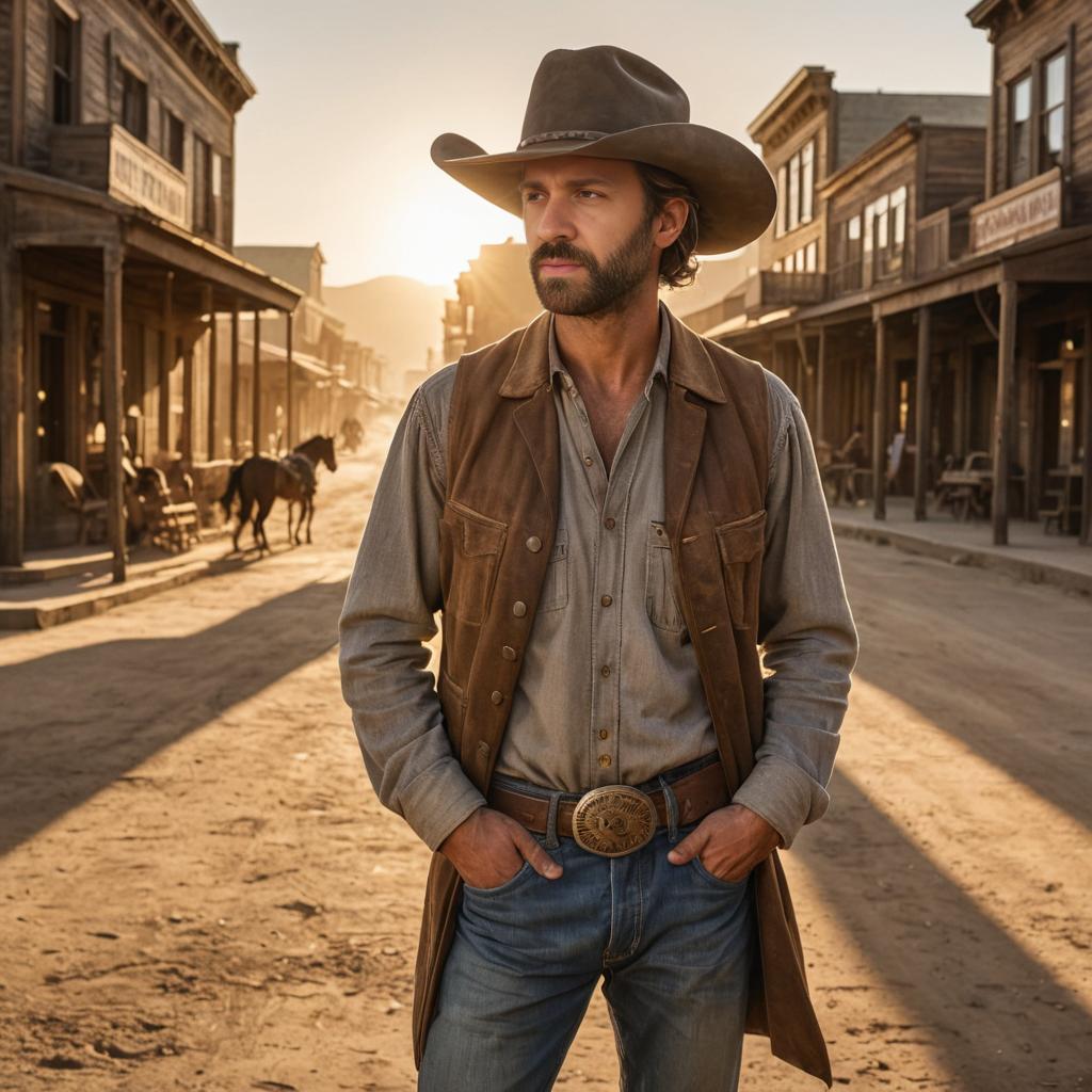 Confident cowboy in a dusty Western town at sunset