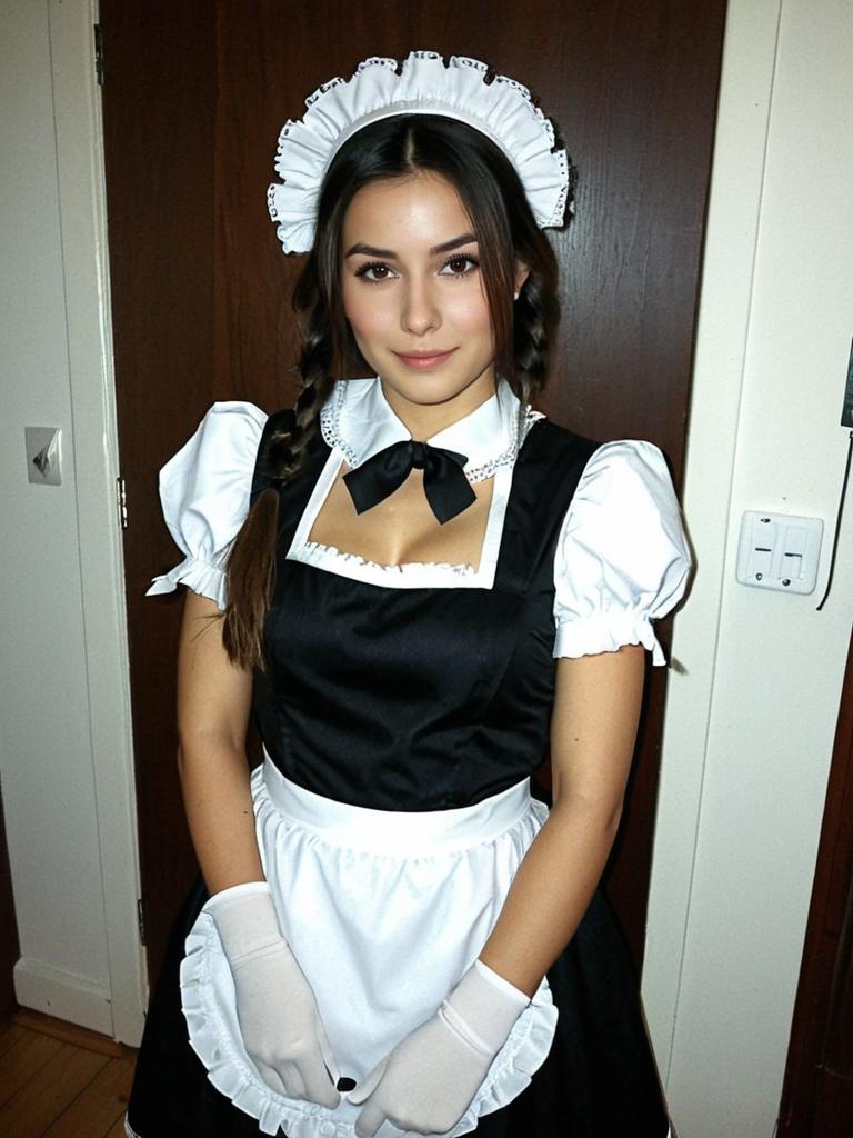 Classic Lockable Maid Costume with White Apron and Headpiece