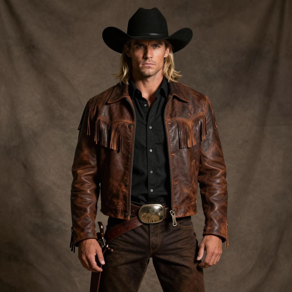 Man Wearing Classic Brown Leather Cowboy Jacket and Hat