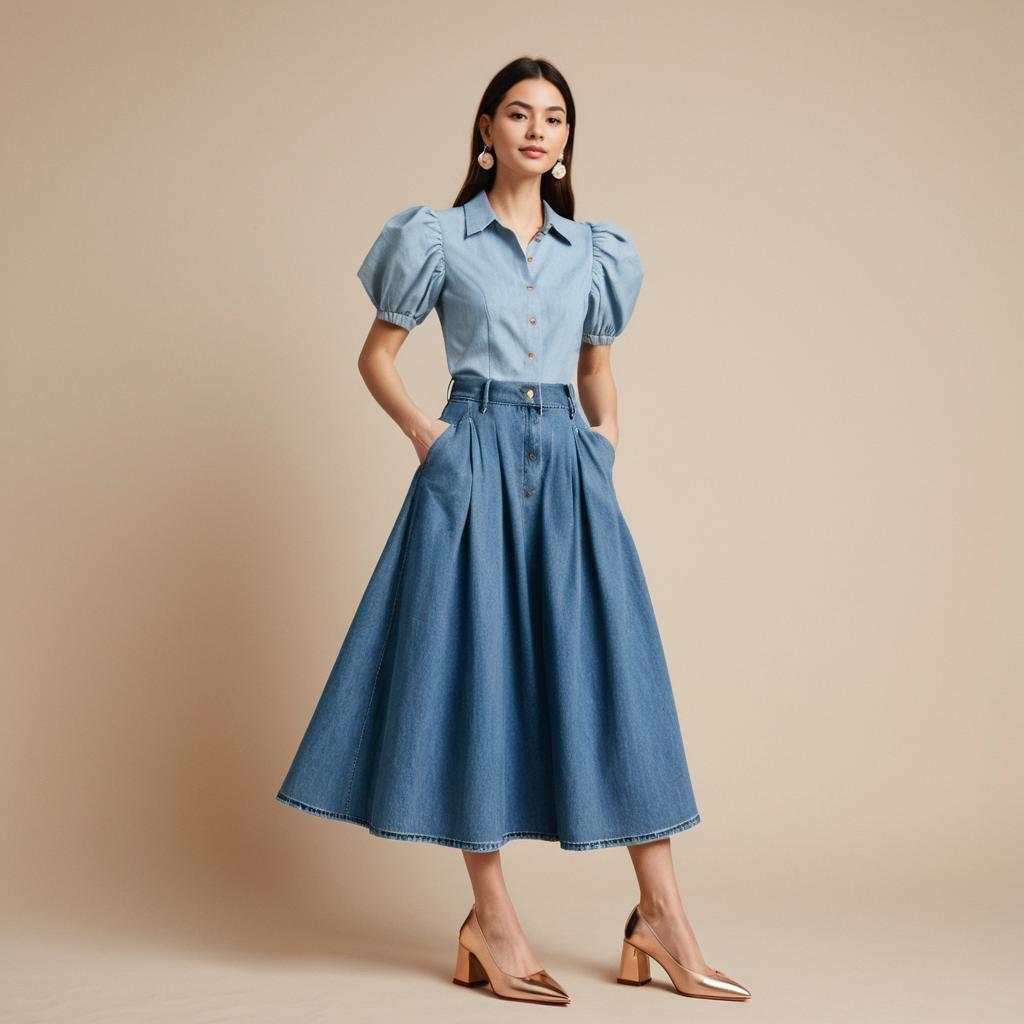 Fashionable Woman Wearing Denim Puff Sleeve Shirt and Midi Skirt Outfit