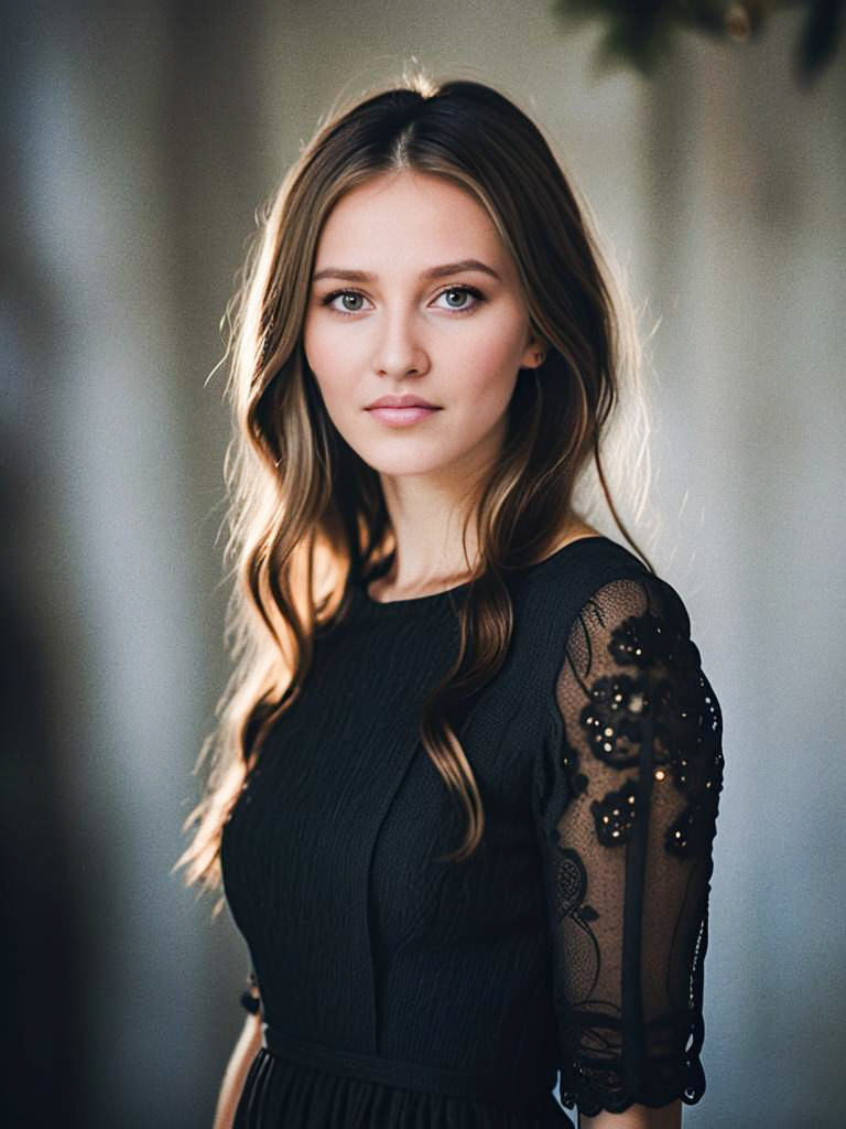 Thoughtful young woman in elegant black dress