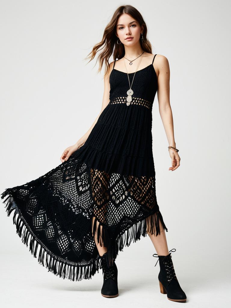 Contemporary Bohemian Black Crochet Knit Maxi Dress with Scoop Neck