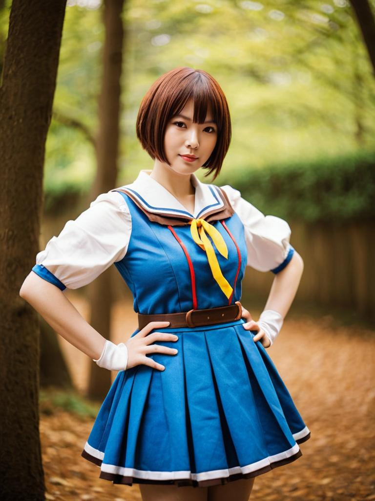 Realistic Portrait of Woman in Blue Sailor Outfit Inspired by Haibara Ai