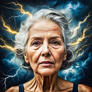 Elderly Woman with Silver Hair in Stormy Sky