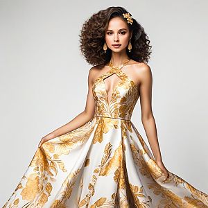 Elegant Woman in White Gown with Gold Floral Patterns