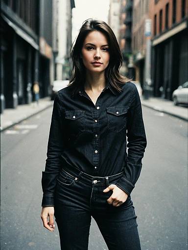 Woman in Black Jeans with Shirt Outfit Cinematic Realism Urban Street