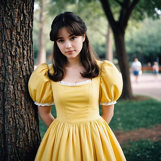 Young Woman in Yellow Disney Princess Style Dress Outdoors