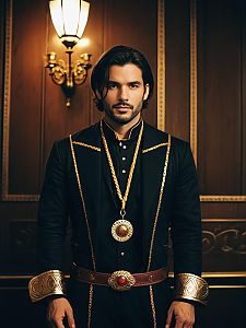 Man in Realistic Bolo Costume Cosplay with Gold Accents