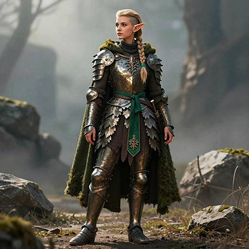 Elf Woman Warrior in Detailed Armor with Green Cloak in Forest