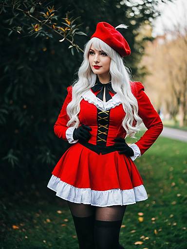 Woman in Red Vintage-Inspired Corset Dress with Beret