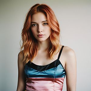 Young Woman in Satin Color Block Dress
