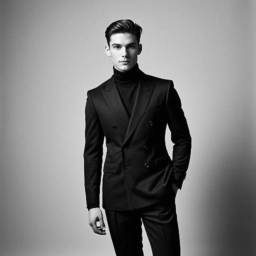 Stylish Young Man in Black Double-Breasted Suit and Turtleneck Black and White Portrait