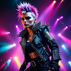 Confident Woman with Pink and Purple Mohawk in Leather Jacket