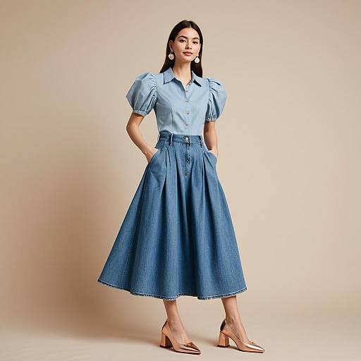 Fashionable Woman Wearing Denim Puff Sleeve Shirt and Midi Skirt Outfit