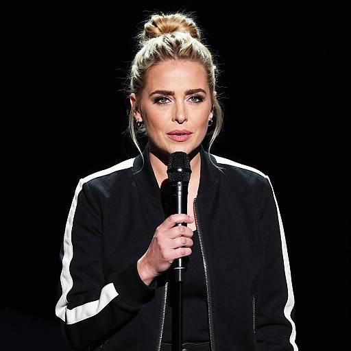 Blonde Woman Holding Microphone on Stage in Black Jacket