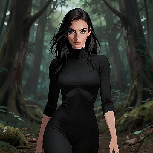 Digital Artwork of Woman in Black Bodysuit Standing in Enchanted Forest