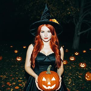 Woman in Witch Costume Holding Jack-O'-Lantern at Halloween Night