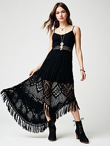 Contemporary Bohemian Black Crochet Knit Maxi Dress with Scoop Neck