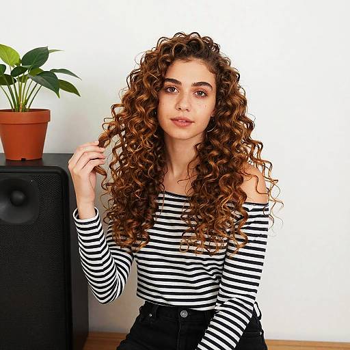 Portrait of Young Woman in Striped Top with Curly Hair Indoors