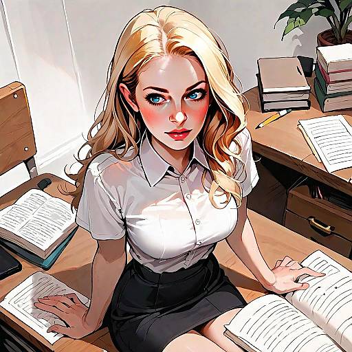 Studious Blonde Woman Reading Books in Modern Digital Artwork