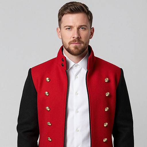 Man Wearing Red and Black Military Style Jacket with Gold Buttons