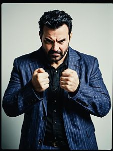 Man in Blue Pinstripe Suit with Fists Raised Photorealistic Studio Portrait