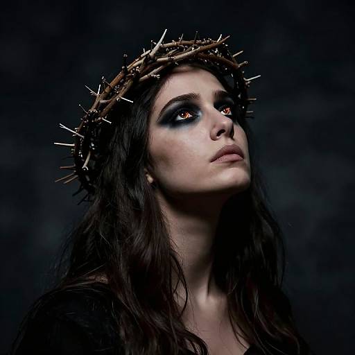 Woman Wearing Thorn Crown with Dramatic Smoky Makeup and Amber Eyes