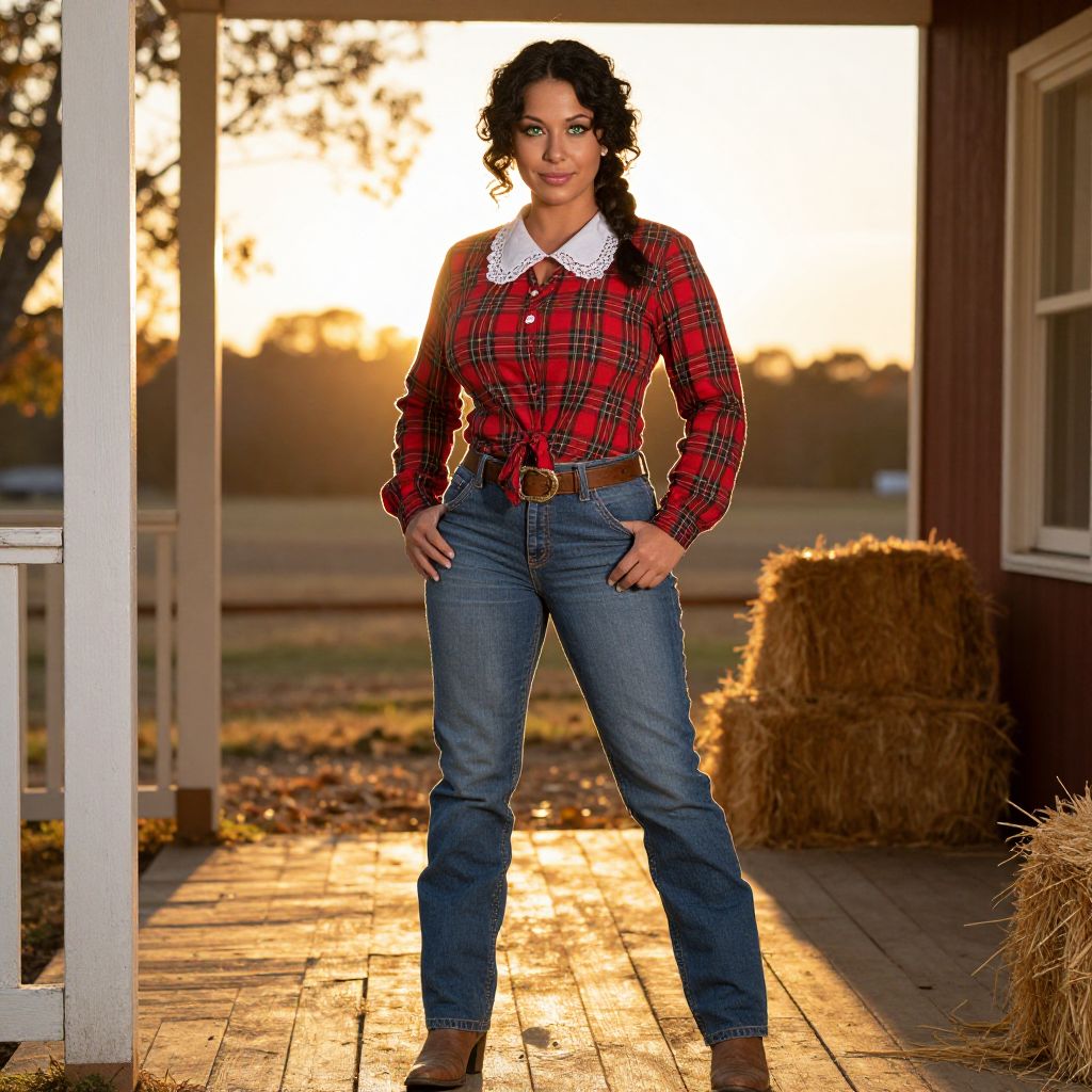 Woman in Red Plaid Shirt and Jeans on Rustic Porch at Sunset