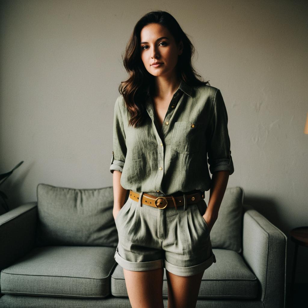 Confident Woman in Olive Green Shirt and Shorts Standing in Cozy Living Room