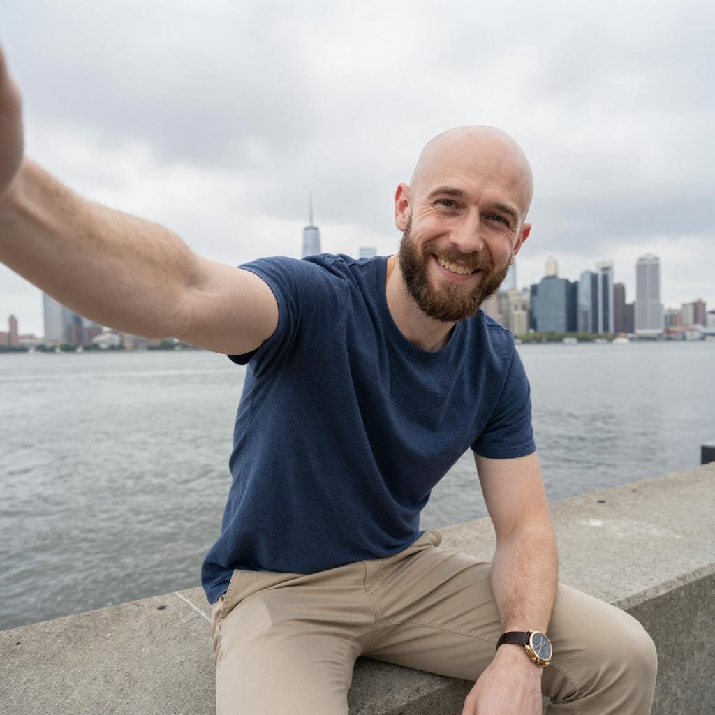 Smiling Bald Man Taking Selfie by City Waterfront